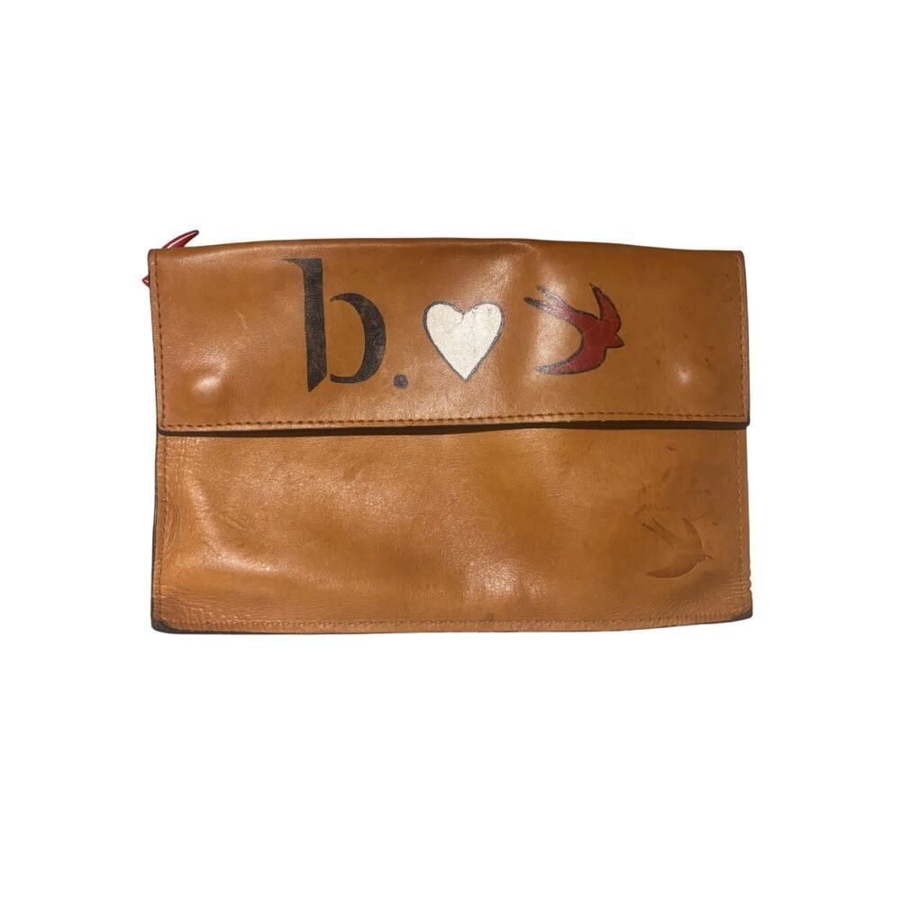 Clare V. leather clutch, Cuoio color, custom hand-painted, heart and bird motif - Picture 1 of 3